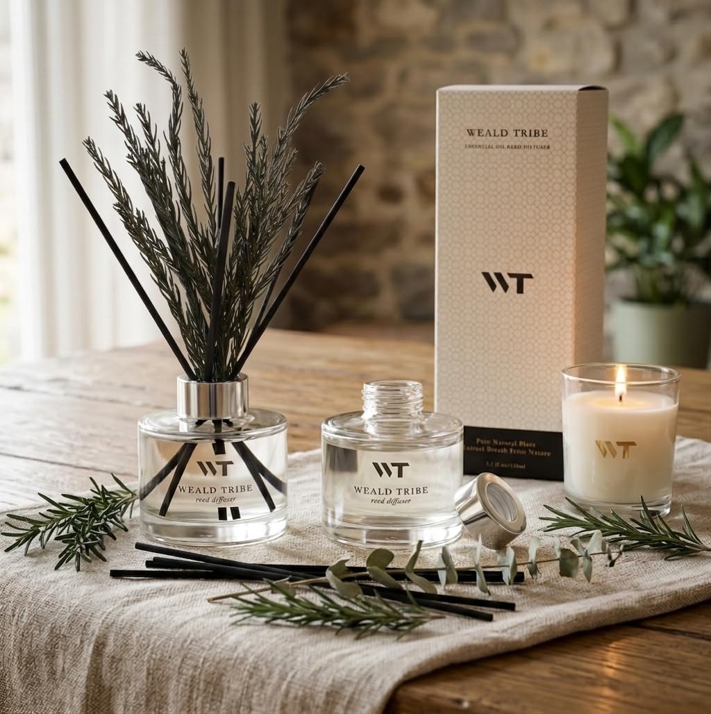 Flower Reed Diffuser Set Wild Eucalyptus Mint Scent for Bathroom Accessories Shelf Decor & Air Fresheners, Sticks Defusers with 5.1 fl oz Essential Oils & Leaves, House Bedroom Office Decor & Gifts