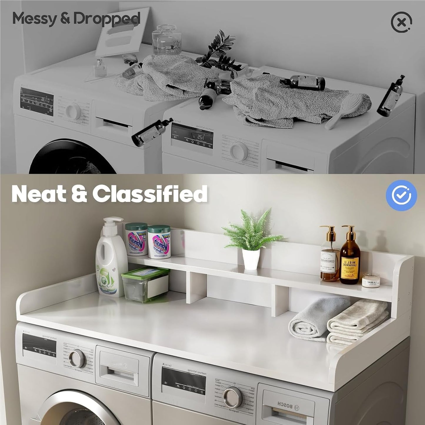 54" X 27.5" Washer and Dryer Countertop, Adjustable Laundry Countertop with Shelf, Extra Dividers, Folding Clothes Station, Over Machine Storage for Detergents & Essentials (Natural)