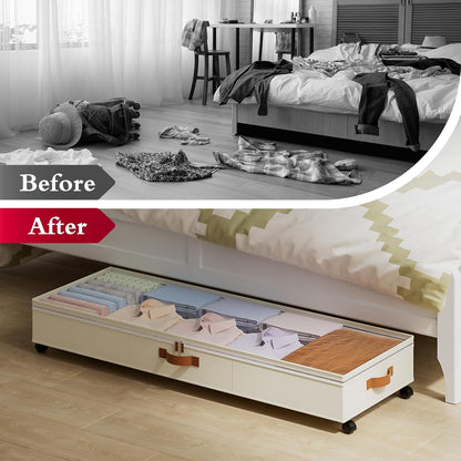 Yecaye Under Bed Storage with Wheels, 2 Pack Under Bed Storage Containers with Adjustable Dividers & Clear Lid, Rolling Underbed Organizer Bins Drawer for Clothes, Shoes, Blankets(30.3 x 16 x 6.7in)
