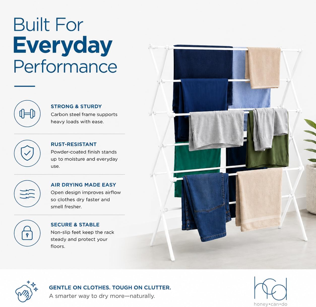 Honey-Can-Do 6-Tier Collapsible Steel Clothes Drying Rack, 24 ft, White | 6-tier steel rack with 24 ft of drying space folds flat to 3 in. Coated bars are gentle on delicates; 50 lb capacity.