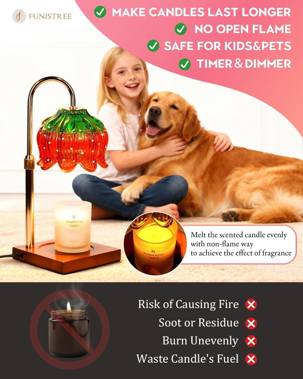 Funistree Flower Candle Warmer Lamp with Timer & Dimmer, Adjustable Height Candle Warmer, Christmas Birthday Gifts for Women Mom, House Warming New Home Decor, Wax Warmer with 2 Bulbs for Jar Candles