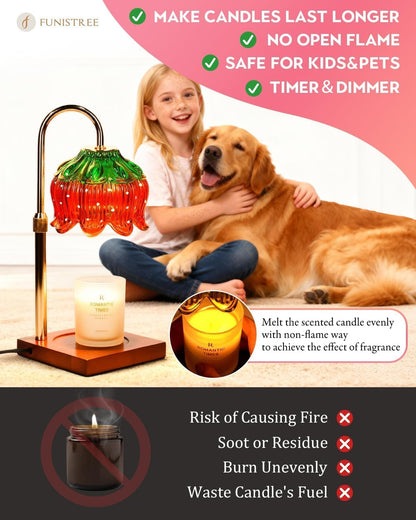 Funistree Flower Candle Warmer Lamp with Timer & Dimmer, Adjustable Height Candle Warmer, Christmas Birthday Gifts for Women Mom, House Warming New Home Decor, Wax Warmer with 2 Bulbs for Jar Candles