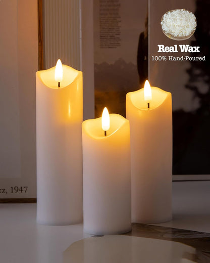 Gmnee 3"x4" Flickering Flameless Candles with Remote Timer, Real Wax, Ivory Pillar Candles, Set of 3 Fake LED Battery Operated Candles for Home, Fireplace, Centerpiece, Rustic and Farmhouse Decor