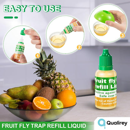 Qualirey Fruit Fly Trap for Indoor and Kitchen Use, 0.68 oz Each Bottle Fruit Fly Trap Refill Liquid, Ready to Use, Safe Near Food, Efficient Lure Refill Liquid, Yellow(12 Pack)
