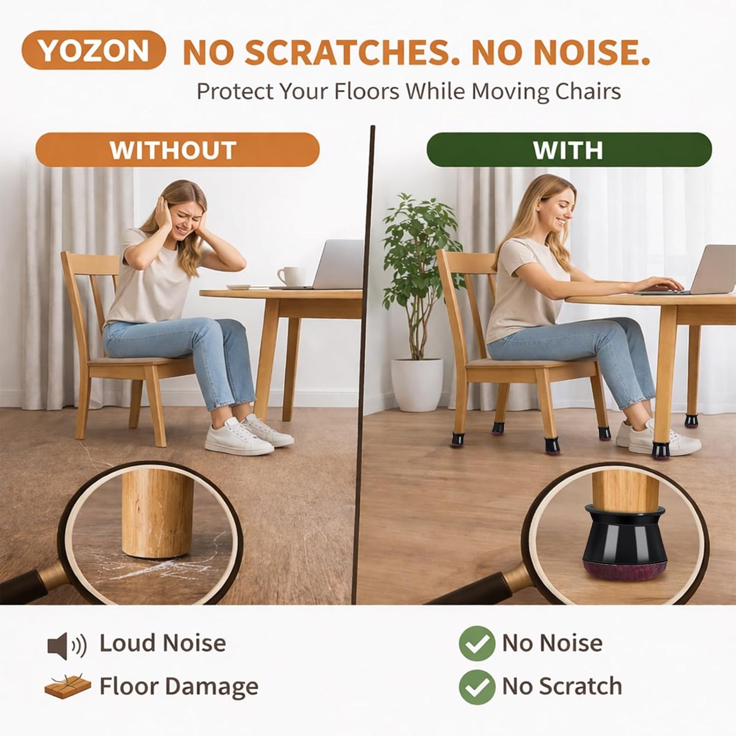 YOZON Chair Leg Floor Protectors Felt Furniture Pads Silicone Caps | Chair Leg Protectors for Hardwood Floors 32 Pack Anti-Scratch Reduce Noise Clear Round Medium Fit 3/4" to 1-3/16" (19-30mm)