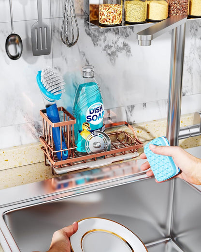 Consumest Sponge Holder for Kitchen Sink - Kitchen Sink Caddy Organizer with Removable Drip Tray for Countertop Dish Soap Dispenser Brush Storage Accessories 304 Stainless Steel - Black
