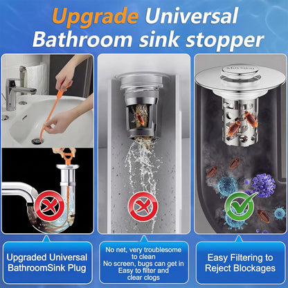 1.1"-2.36" Bathroom Stopper Stainless Steel Hair Catcher Silver 1 Pack | pop-up stopper with detachable hair filter, rustproof, easy clean & install, blocks hair to stop drain clogs
