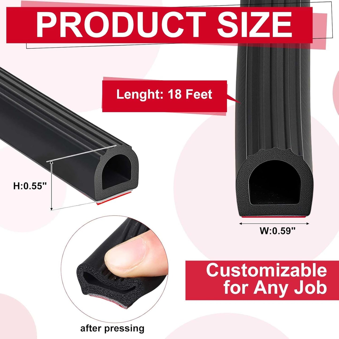 Pangda 13Ft D Shape Rubber Weather Stripping Foam Self-Adhesive EPDM Seal Strip for Noise Reduction Waterproof Dustproof for Cars Boats RVs Windows Doors (3/4" W x 3/4" H)