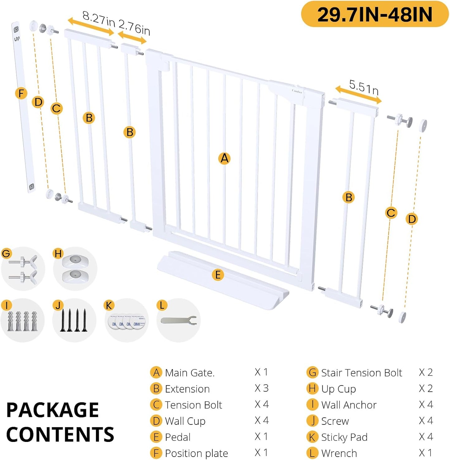 Cumbor 29.7-48" Baby Gate for Stairs, Mom's Choice Awards Winner-Dog Gate for Doorways, Auto Close Safety Pet Gate for Dogs Indoor, Easy Install Pressure Mounted Child Gate with Walk Thru Door, Brown
