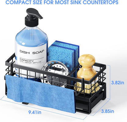 Kitchen Sink Sponge Holder, Rustproof Non-Slip Self-Draining Metal Sink Caddy with Detachable Dish Cloth Holder (Black)