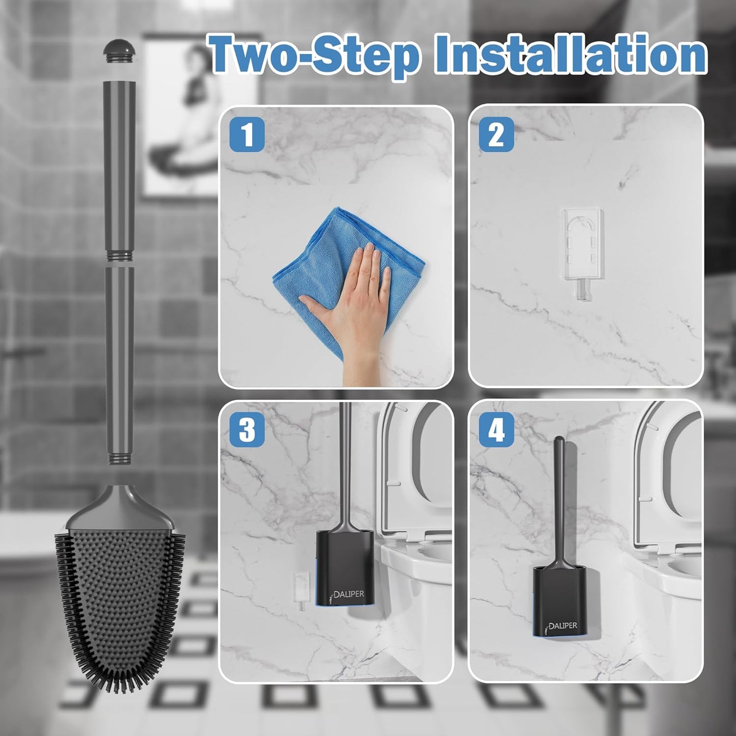 Toilet Brush and Holder Set, Black Silicone Toilet Bowl Brush with Flexible Head, Ventilated Base, Wall Mount, Compact Bathroom Scrubber for RV and Home
