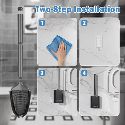 Toilet Brush and Holder Set, Black Silicone Toilet Bowl Brush with Flexible Head, Ventilated Base, Wall Mount, Compact Bathroom Scrubber for RV and Home