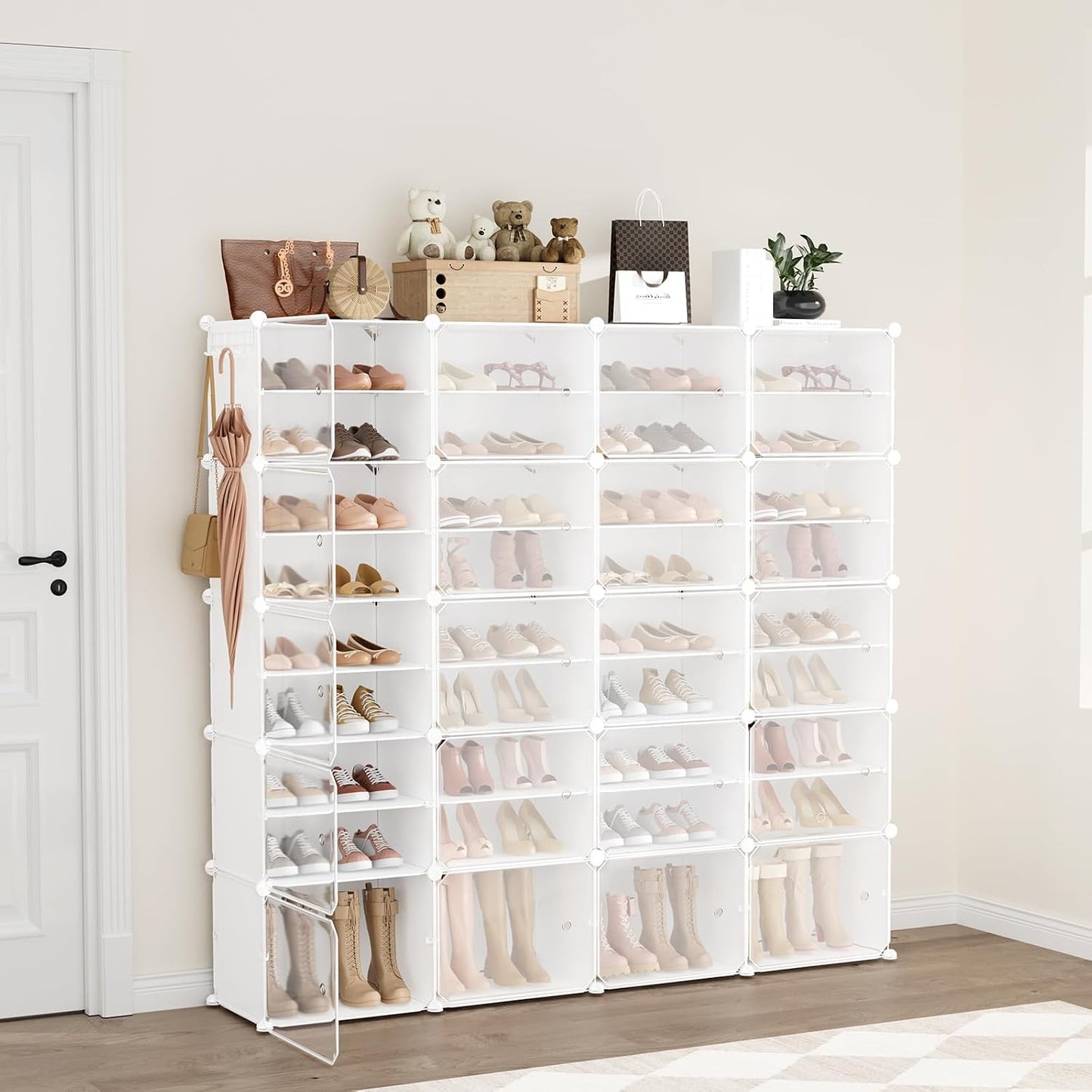 Portable Shoe Rack Organizer with Door, 96 Pairs Shoe Storage Cabinet Easy Assembly, Plastic Adjustable Shoe Storage Organizer Stackable Detachable Free Standing DIY Expandable 12 Tier Black