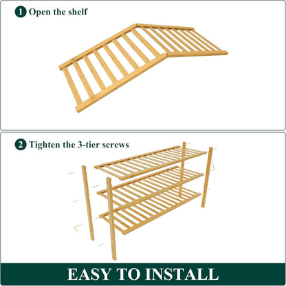 Smiry Bamboo Shoe Rack for Closet, 3 Tier Wooden Shoe Organizer, Stackable Wood Shoe Storage Shelf for Entryway, 14 Vertical Slats, One-piece Heavy-Duty Legs, 26.77"x11.02"x18.31", Natural