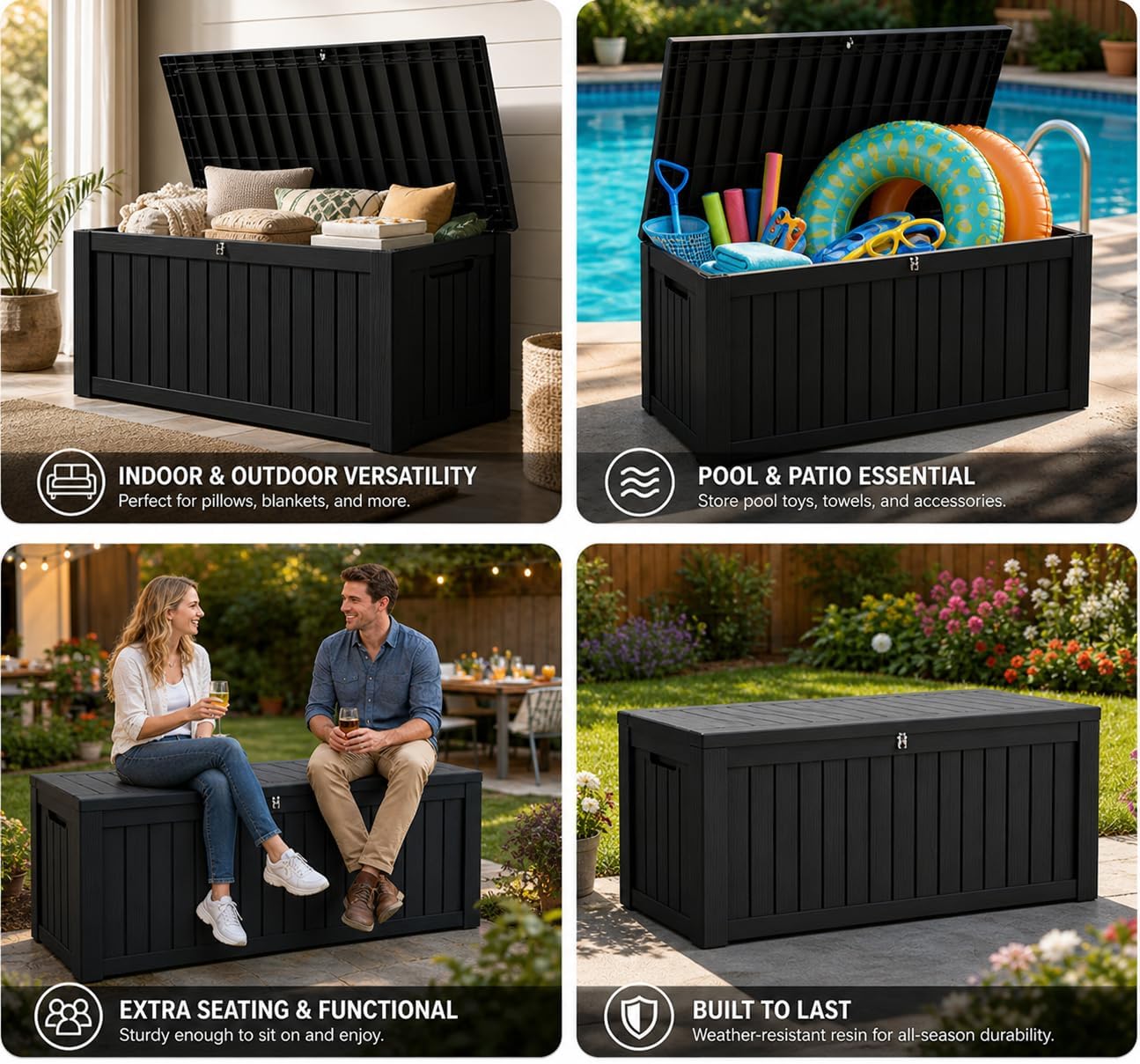 LAUSAINT HOME 320 Gallon Resin Deck Box, Package Delivery Box with Lockable Lid, Waterproof Outdoor Storage Box For Garden Tools, Patio Cushions(320 Gallon,Black)