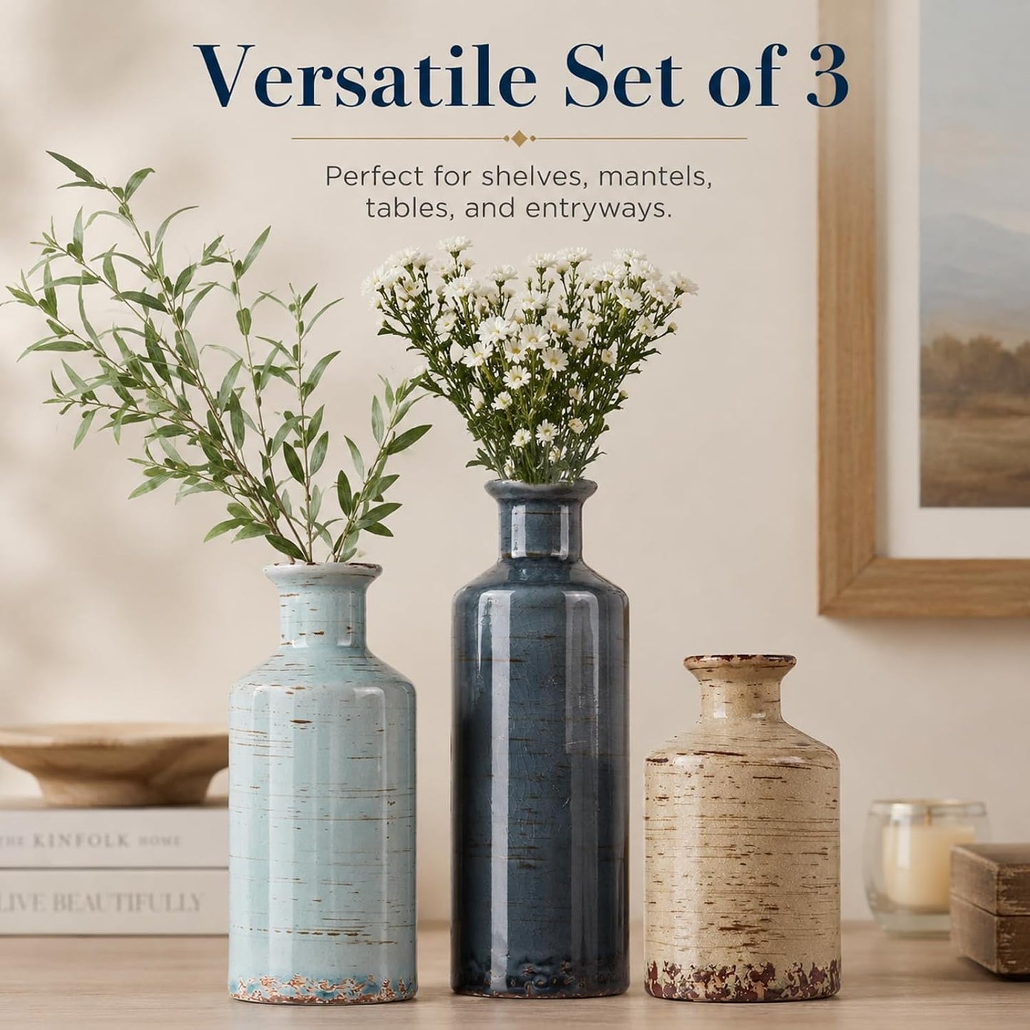 Ceramic Vase Set of 3 – Small Flower Vases, Modern Farmhouse Boho Flower Vases for Home Decor, Rustic Pottery Vases for Centerpieces, Living Room, Shelf, Fireplace, Entryway Decor, Table or Cabinet