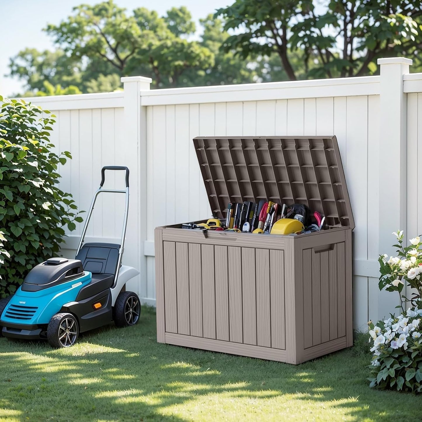 EasyUp 35 Gallon Outdoor Storage Box, Outdoor Deck Boxes for Garden Tools Equipment,Cushions and Patio Storage,Lockable and Resin,Easy to Install(Black)