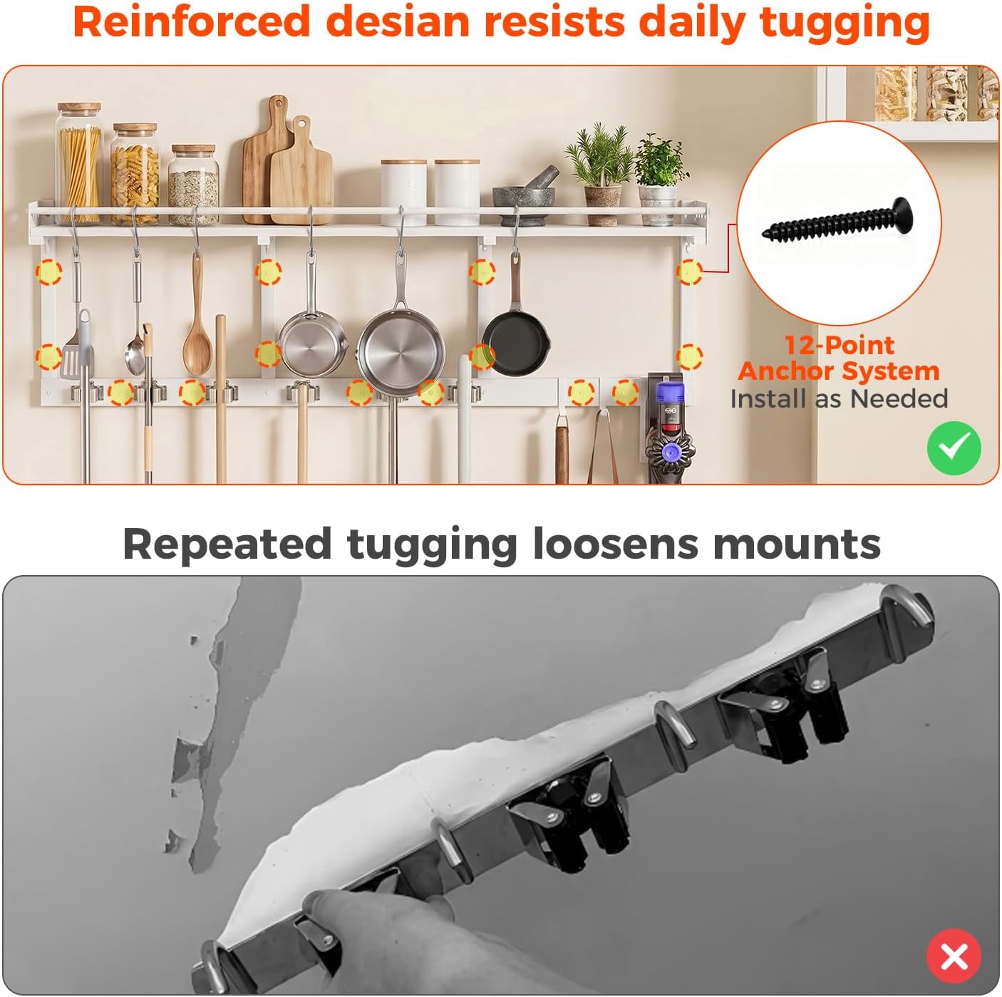 Broom Holder Wall Mount with Shelf,Broom Hanger,3 in 1 Broom and Mop Organizer Wall Hanging for Laundry,Garage,Utility,Broom Rack,Vacuum Stand Alternative,Cleaning Supplies Organizer Storage,White,L