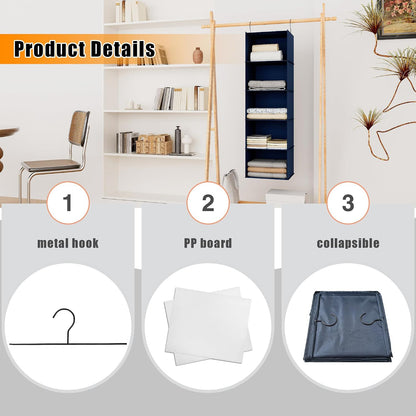 Hanging Closet Organizer 3-Shelf, Oxford Fabric Wardrobe Storage, Gray | Easy-mount foldable design holds clothes, handbags, shoes & accessories; washable Oxford fabric, sturdy and space-saving.