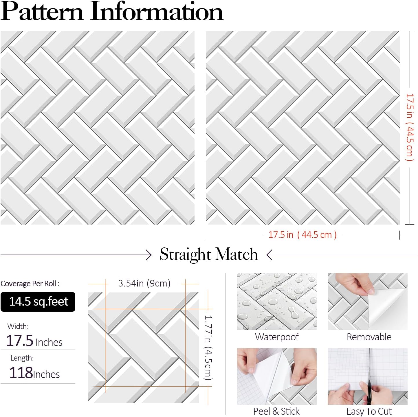 FunStick White Kitchen Wallpaper Peel and Stick Waterproof Herringbone Backsplash Wall Paper for Kitchen Bathroom Tile Wallpaper Removable White Contact Paper Peel and Stick for Cabinets 17.5"x118"