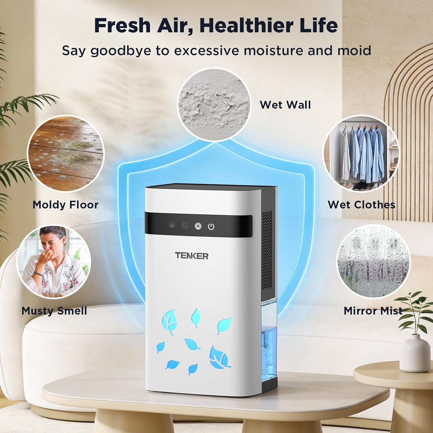 TENKER Dehumidifier for Home, 77oz Water Tank (1000 sq.ft) Dehumidifiers, Quiet Dehumidifier with Auto Shut Off, Sleep Mode, 7-Color LED Light for Closet Bedroom Bathroom RV, White