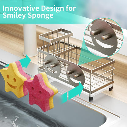 HapiRm Sponge Holder for Kitchen Sink - Self-draining Sink Caddy with Brush and Dishcloth Holders, Stainless Steel Kitchen Countertop Organizers and Storage Essentials - Black