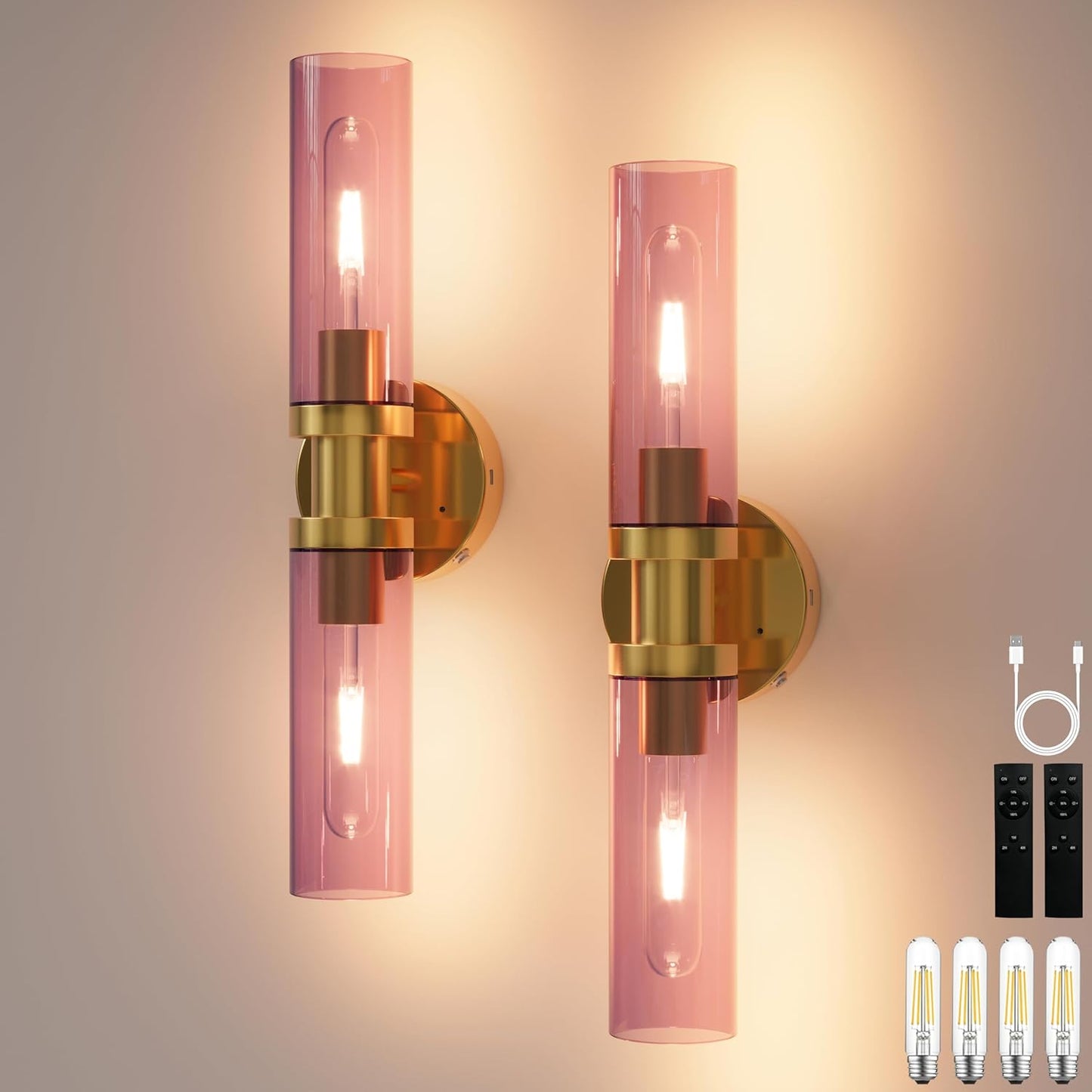 Battery Operated Wall Sconce Set of 2, 10000mAh Rechargeable Wireless Wall Lights Remote Control, Cordless Timer Dimmable Glass Wall Lamps for Living Room Bedside Entryway Emergency Gold 16.5 Inch