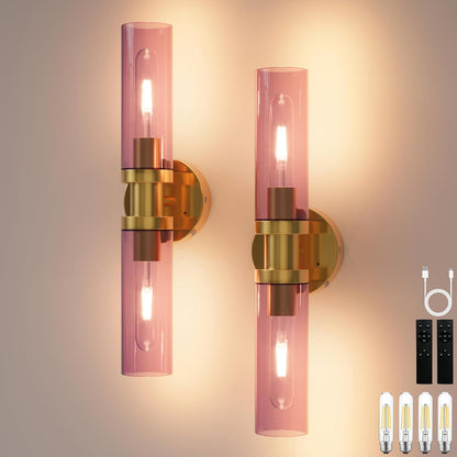 Battery Operated Wall Sconce Set of 2, 10000mAh Rechargeable Wireless Wall Lights Remote Control, Cordless Timer Dimmable Glass Wall Lamps for Living Room Bedside Entryway Emergency Gold 16.5 Inch