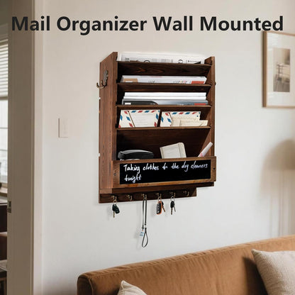 Rustic wall mail organizer,Key and Mail File Holder for Wall Mount，with 6 Key Hooks 2 Double Key Hooks A blackboard,for Home,Office, Classroom,Entryway Decor (brown)