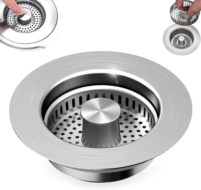 3-in-1 Kitchen Sink Drain Strainer, Pop Up Sink Stopper with Anti-Clogging Basket, 304 Stainless Steel Kitchen Sink Drain Strainer, Food Catcher for US Standard 3-1/2 inch Drain Hole