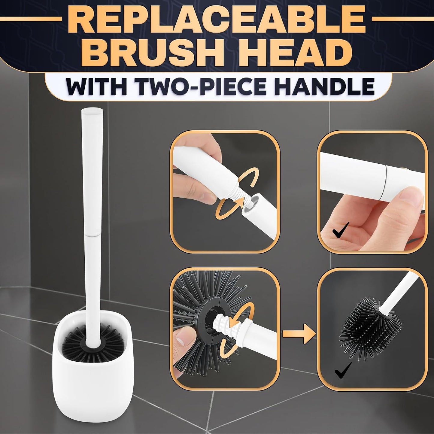 Silicone Toilet Brush and Holder Set - Cream RV Toilet Brush with Holder, Flexible Head, Soft Bristles, Detachable Handle and Freestanding Base, Compact Bathroom Cleaning Tool with Minimalistic Design