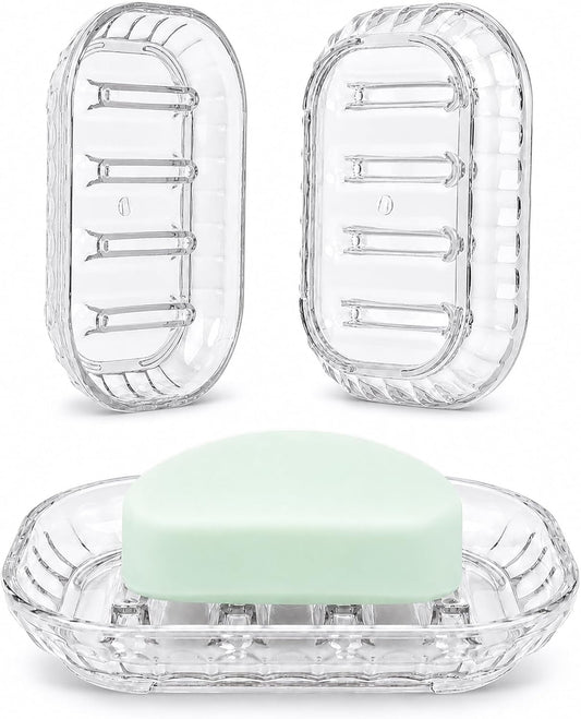 OTHIX 3 Pack Clear Plastic Soap Dish for Bar Soap, Bar Soap Holder Tray with Raised Ridges for Shower | Bathroom | Kitchen Sink |Dry Fast| Easy to Clean (Clear)