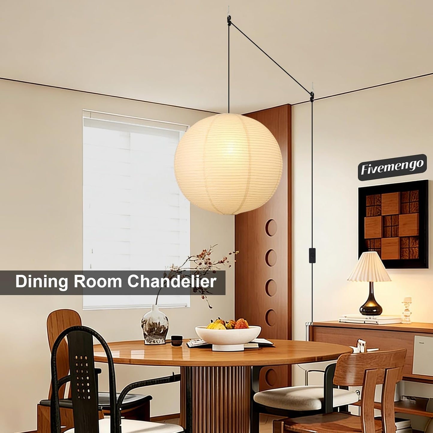 Paper Lantern Lamp Plug in Hanging Lamp 23.6in Off-White Rice Paper Pendant Light with 19.7FT Cord Large Globe Japanese Japandi Wabi Sabi Chandelier for Dining Living Room Bedroom 1 Pack