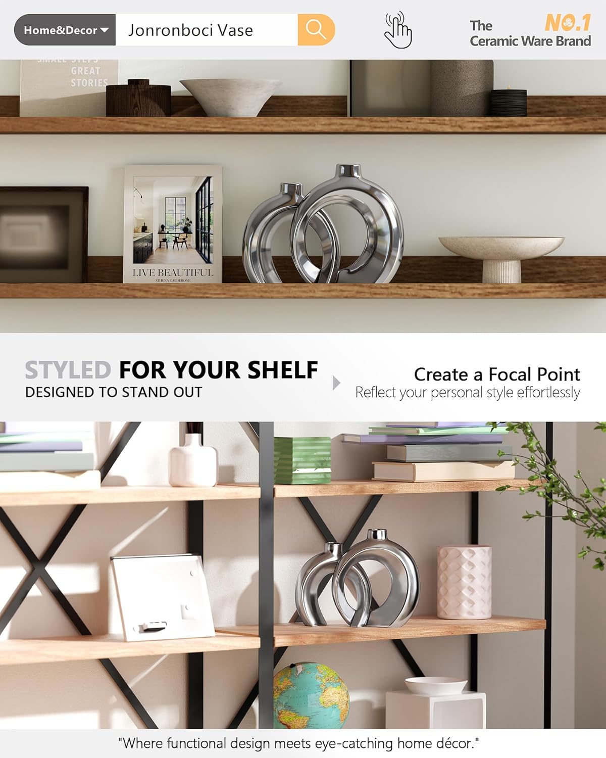 7.2″Hx8.9″H Donut Shape Decorative Vase Set of 2, Ceramic, Modern Minimalism Styles, Flowers or Plant Table Vases for Home Decor Living Room Shelf Entry Console Mantle Dining Centerpiece (Matte White)