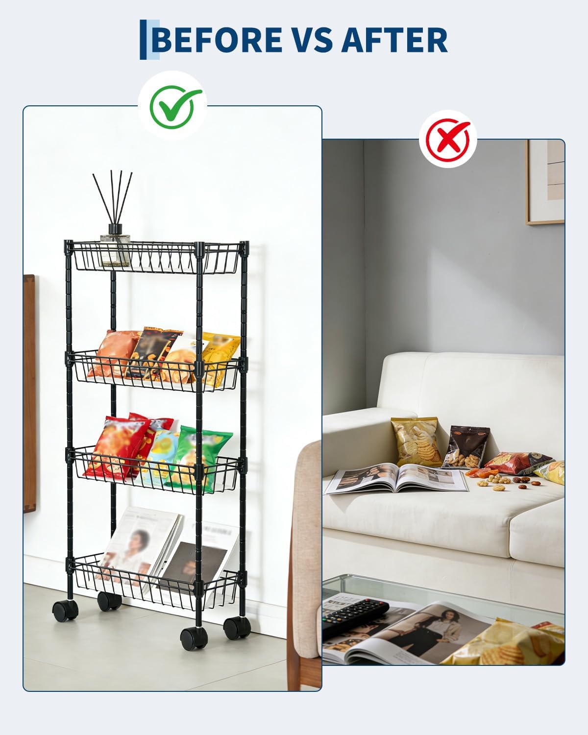 Slim Metal Rolling Storage Cart – 4-Tier Adjustable Utility Organizer with Basket Shelves & Wheels – Space-Saving Mobile Drawer Cabinet – 15.75x5.91x31.5in – for Office, Kitchen, Bathroom