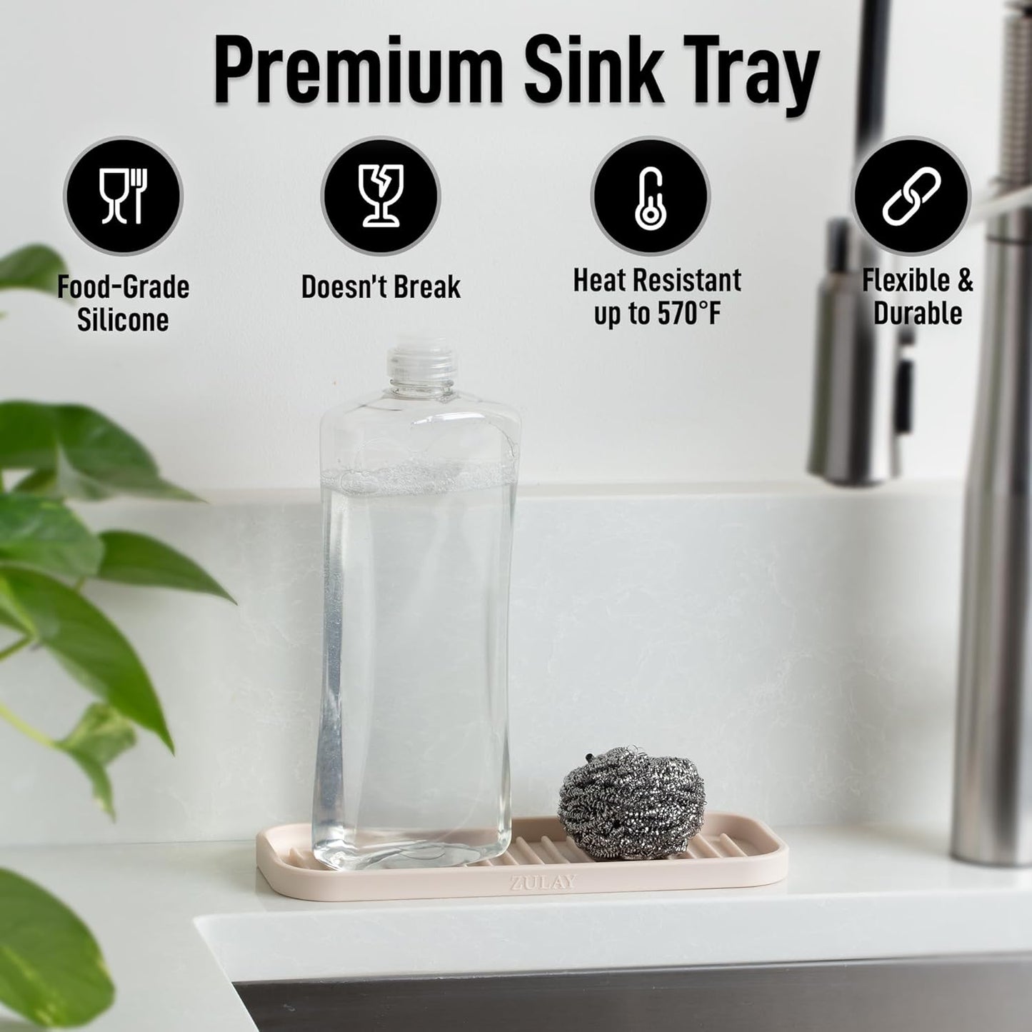 Zulay Kitchen (9x3.5in) Sponge Holder for Kitchen Sink - Flexible Heavy-Duty Multipurpose Sink Caddy - Counter Organizer for Kitchen, Bathroom, Makeup, Trinkets & More! (Grey)