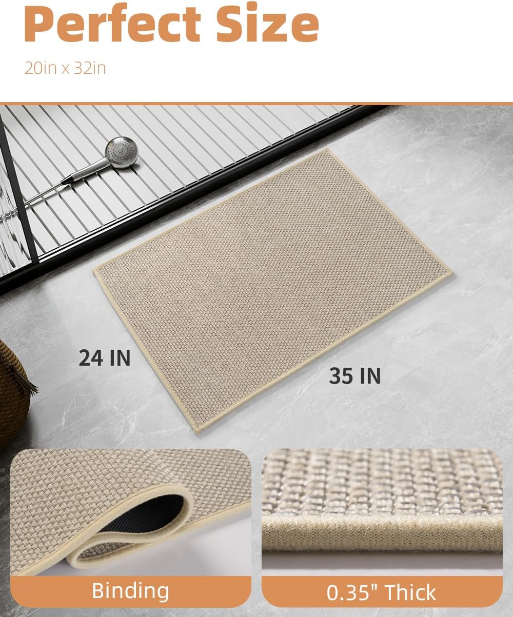 PADOOR Non-Slip Bath Mat With Rubber-Backing, Braided Absorbent Machine Washable Thin Rug for Bathroom Floor, Quick Dry, Fits Under Door, 17''x24'' Beige