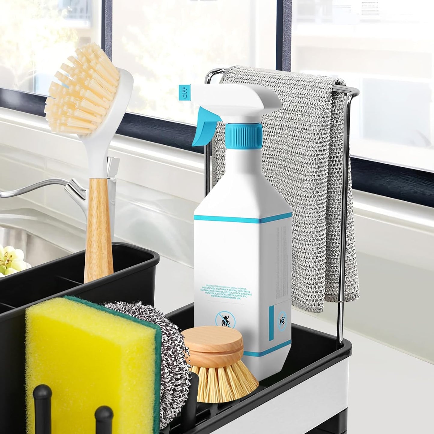 Kitchen Sink Caddy,Sponge Holder for Kitchen Sink with Dish Brush Holder, Auto Drain Tray, Sponge Drain Rack,Stainless Steel Sink Organizer Countertop，Sponge Soap(Grey)