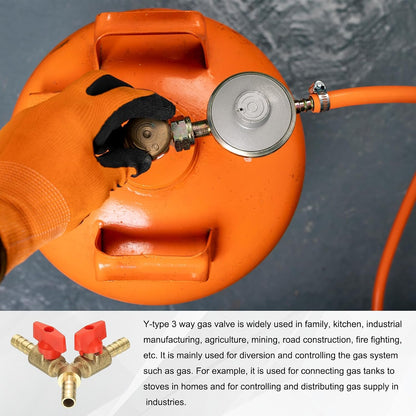 PATIKIL 3 Way Shut Off Ball Valve, 1/4" Y Shaped 3 Way Brass Garden Hose Barb Splitter Line Sprayer Parts Coolant Hose Valve Fitting with 2 Red Switch for Gas Fuel Oxygen, 1 Set