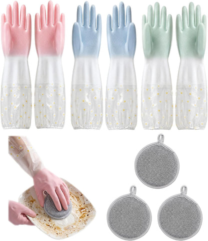 3PCS Dishwashing Cleaning Gloves + 3PCS Wire Dish Rags Set - Long Cuff Reusable Rubber Gloves & Non-Scratch for Kitchen, Cleaning, Gardening - Waterproof, Tear-Resistant