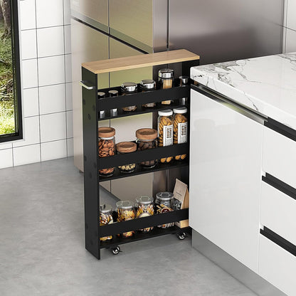 COSTWAY Slim Rolling Storage Cart, 4-Tier Rolling Utility Cart, Wood Kitchen Storage Cart with Handle & Wheels, Narrow Rolling Shelving Unit for Kitchen Bathroom Laundry Small Places (Plain White)