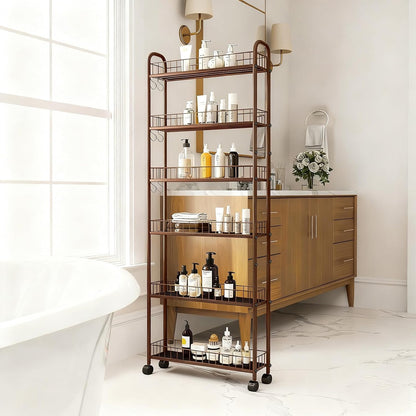 10in 6-Tier Slim Storage Cart with Wheels, Metal 10in Wide Black Narrow Rolling Shelf, Sturdy Slim Storage with Hooks Ideal for Kitchen, Bathroom, and Laundry Room