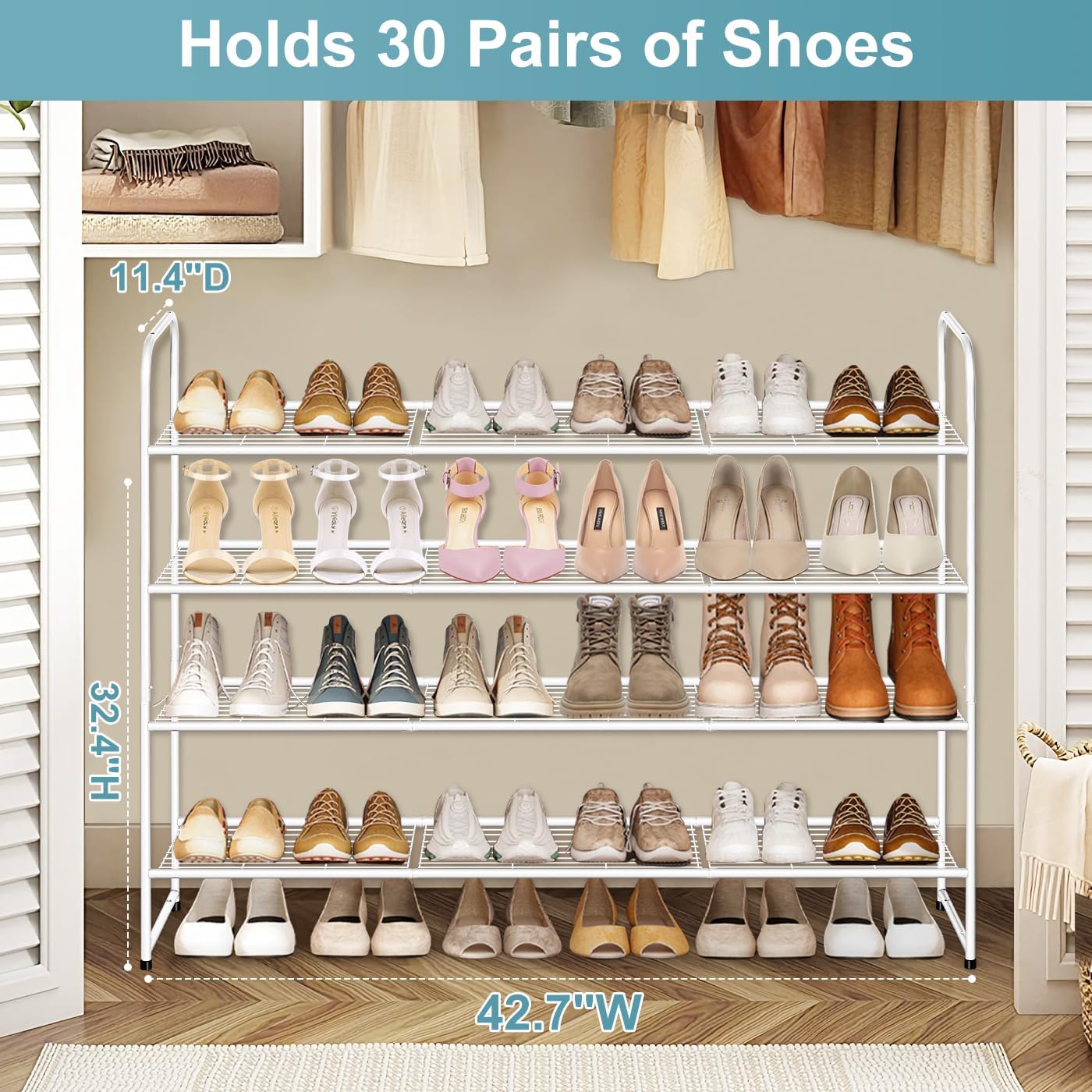 AOODA Long 3 Tier Metal Shoe Rack for Closet Wide Stackable Shoe Storage Organizer for Entryway, Bedroom, Floor, 24-Pairs Men Sneakers Shoe Shelf with Wire Grid, Black