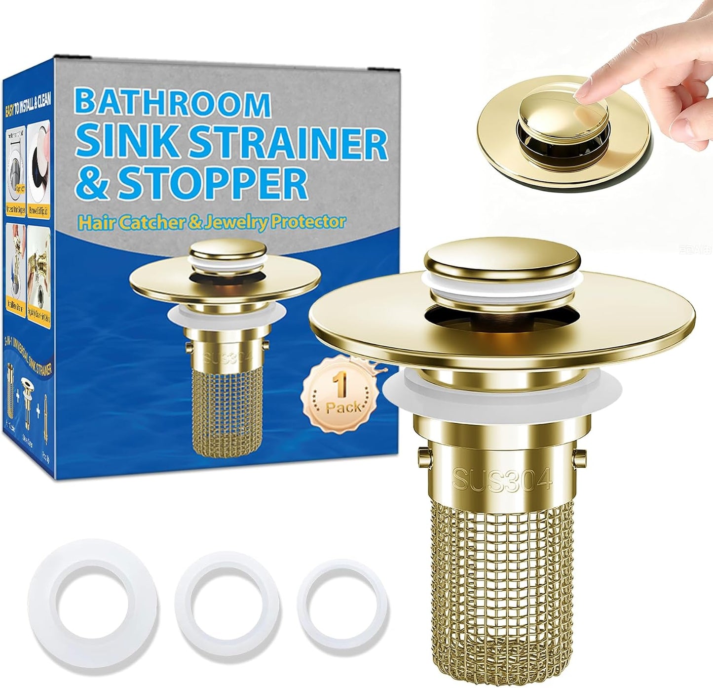 2PCS Bathroom Sink Stopper Strainer, Pop-Up Bathroom Sink Drain Strainer with Removable Stainless Steel Hair Catcher Basket, Universal Fit for US Bathroom Sinks, Bathtubs, Showers & Floor Drains