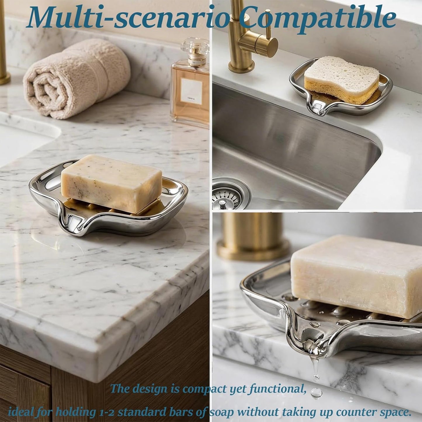 Polished Silver Soap Dish | Self-Draining Bar Soap Holder with U-Shaped Drainage, Decorative Soap Tray for Bathroom Shower & Kitchen Sink