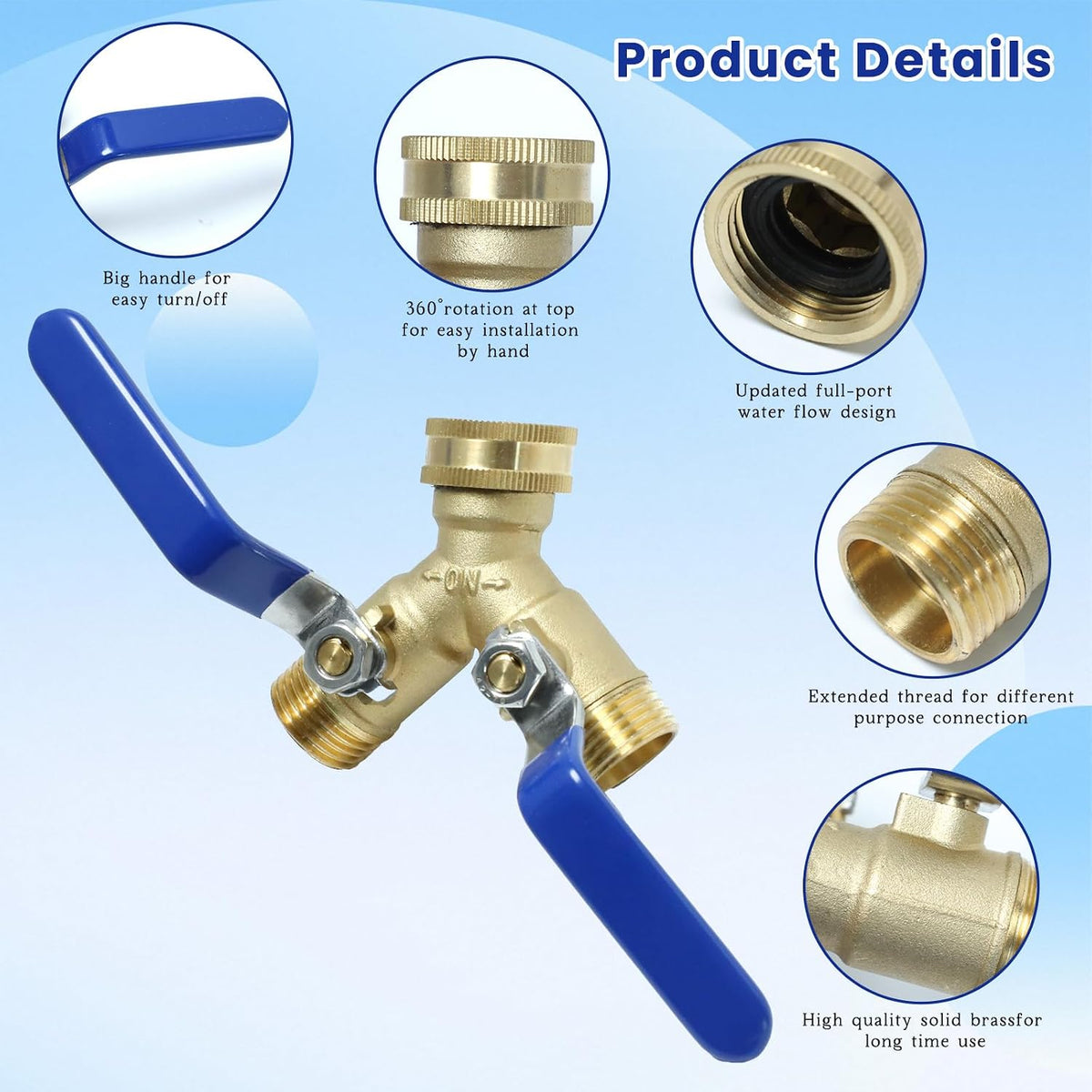 Garden Hose Y Valve Splitter Brass Hose Splitter, 3/4" GHT Thread 2 Way Heavy Duty Valve Water Garden Hose Tap Adapter, Long Handle Outdoor Full Flow Hose Splitter Connector