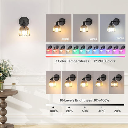 Shenmoyl Vintage Battery Operated Wall Sconce with Transparent Tulip Glass Lampshade Rechargeable Battery Powered Wall Light with Remote Control for Bedside Bedroom Doorway, Set of 2