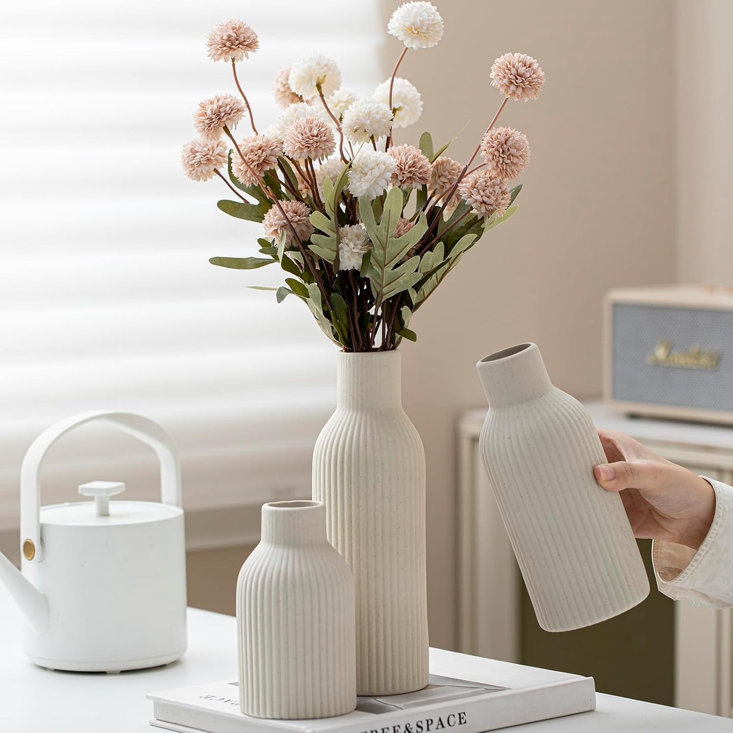 Modern Ceramic Vases Set of 3, Coffee Table Ribbed Decorative Vases, Shelf Table Centerpiece for Home Decor (Coffee Mix)