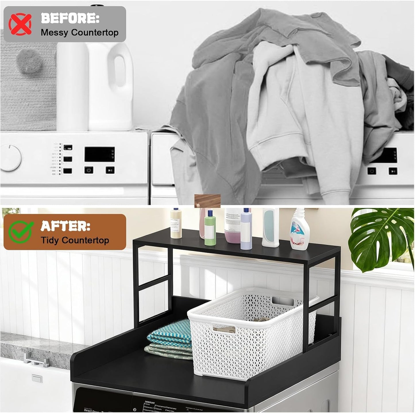 Washer Dryer Countertop with Guardrails, Heavy Duty Laundry Room Counter Top with Anti-Slip Strips & Storage Space, Waterproof Over Washer Dryer Shelf for Laundry Room Organization Black