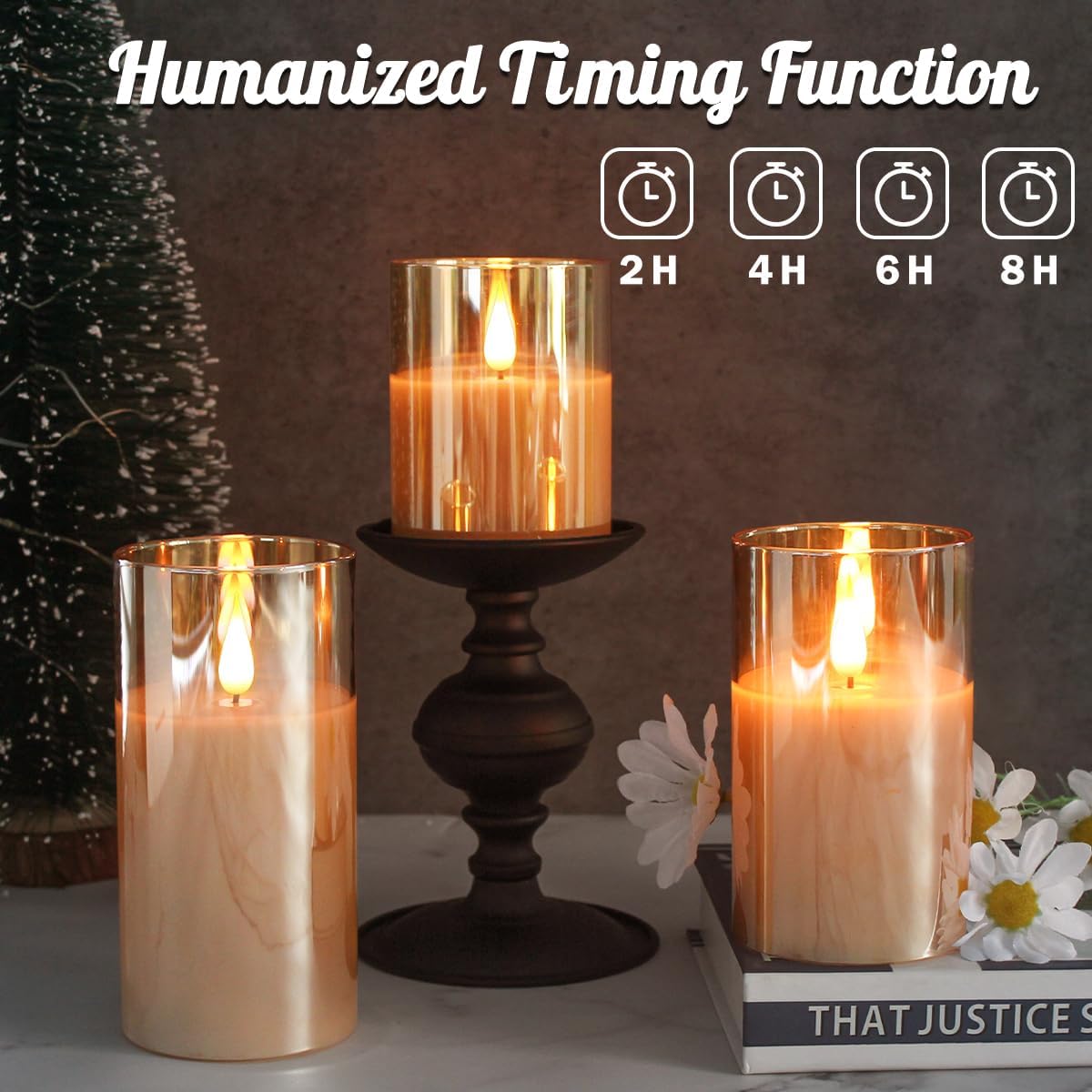 LEDHOLYT Rechargeable Flameless Glass Pillar Candles–Gifts for Women,–Set of 3, Realistic Flickering LED Light,Remote & Timer, Ideal for Living Room, Bedroom & Festival Wedding Home Party Decor